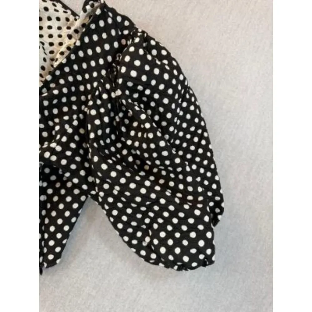 Free People Polka Dot Puff Sleeve Crop Top Blouse Black White Size 6